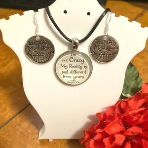 Handmade Alice in Wonderland Cheshire Cat Earrings & Glass Dome Pendant Necklace